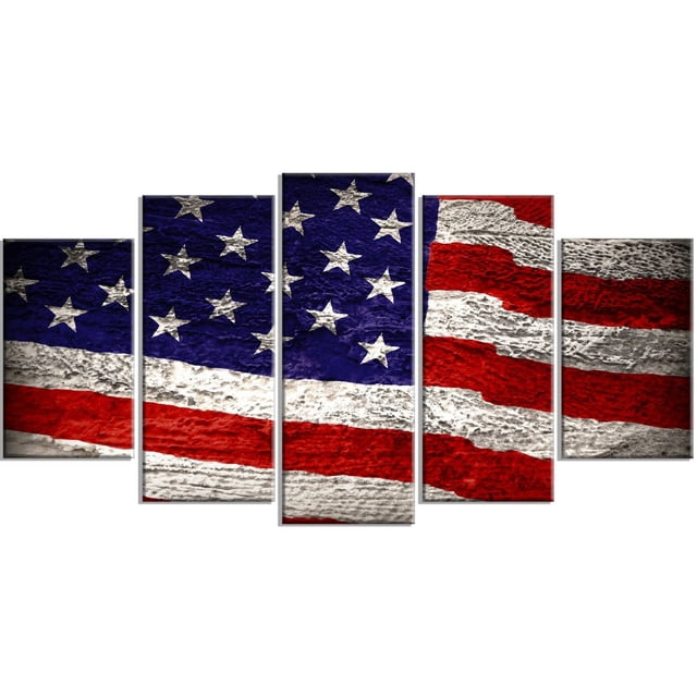 Design Art Large American Flag Watercolor Canvas Print with five gallery-wrapped cotton canvas panels showing a textured close-up of the American flag’s stars and stripes in red, white, and blue. Printed using high-resolution giclée inkjet technology, this ready-to-hang wall art includes hanging kits and is 100% designed and made in Canada, suitable for enhancing patriotic home or office decor.