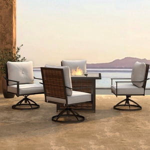 Abba Patio 5-Piece Outdoor Conversation Set w/ Fire Pit Table, Metal 360° Swivel Chairs & Cushions for Garden Backyard Deck