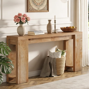 Fnova 70.9" Farmhouse Console Table for Entryway, Long Narrow Wood Entryway Table, Easy Assembly, Light Brown