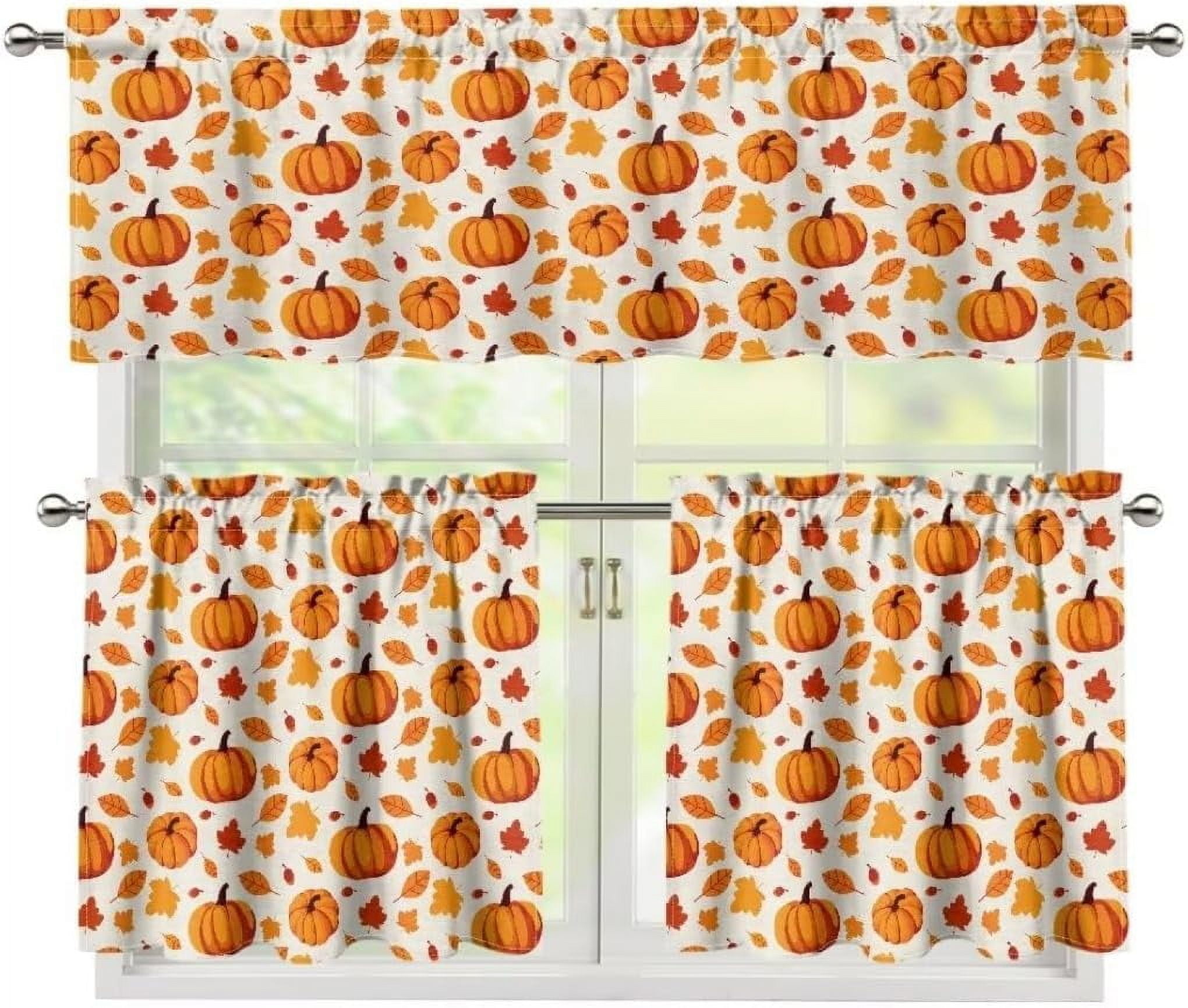 Fall Pumpkin Kitchen Curtains Valance Set of 3 Thanksgiving Window Curtains Set Autumn Leaf Valance Curtain Window Drapes,24" Tier & Valance Set
