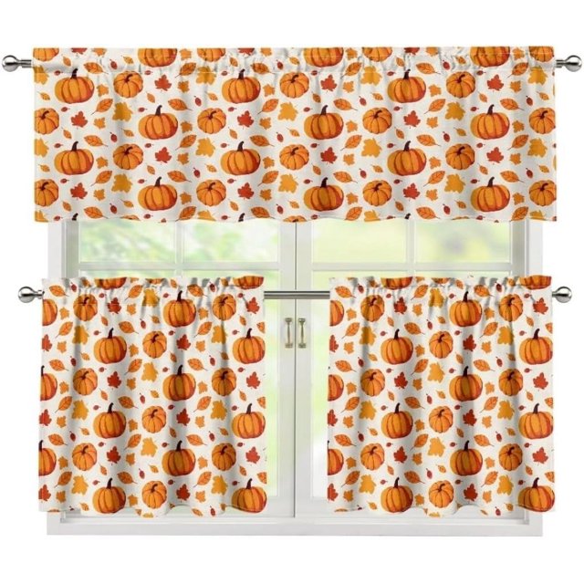 Fall Pumpkin Kitchen Curtains Valance Set of 3 Thanksgiving Window Curtains Set Autumn Leaf Valance Curtain Window Drapes,24" Tier & Valance Set