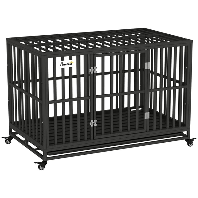 PawHut Cage pour Chien en Acier Robuste de 49 Pouces Crate Kennel Pet, Noire, avec un Cadre en Acier Massif et des Barres Soudées pour la Durabilité. Comprend une Porte avant avec Deux Loquets à Boulons Coulissants, un Plateau Coulissant Amovible pour un Nettoyage Facile, et Quatre Roues Pivotantes pour la Mobilité avec Verrous pour Empêcher les Mouvements Involontaires. Convient aux Grands Chiens jusqu'à 88 Lb et 39,4 Pouces de Longueur. Dimensions : 49,2 Pouces L x 29,5 Pouces L x 34,6 Pouces H.