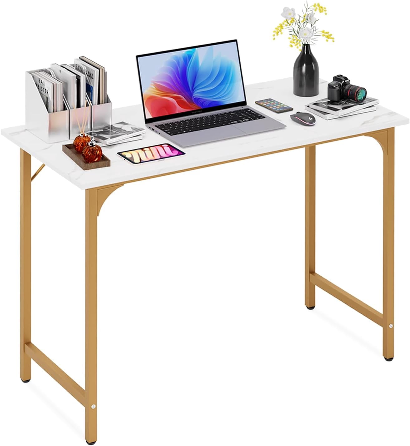 BestOffice Computer Desk, Home Writing Study Table Modern Simple Style PC, Metal Frame for Home Office, Gold
