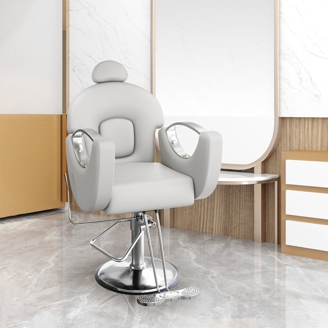 AKDSteel Fauteuil de Barbier de Salon avec Levage Hydraulique, Appuie-Tête et Repose-Pieds Réglables, Conception Inclinable Pivotante à 360°, Confortable et Polyvalente pour la Coiffure Professionnelle