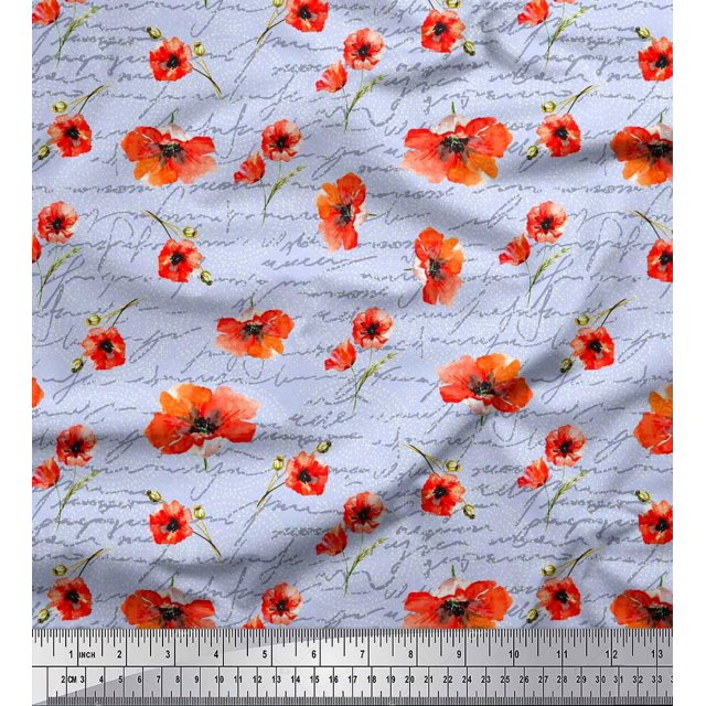Soimoi Blue Rayon Fabric Text & Poppy Floral Fabric Prints By Yard 42 Inch Wide