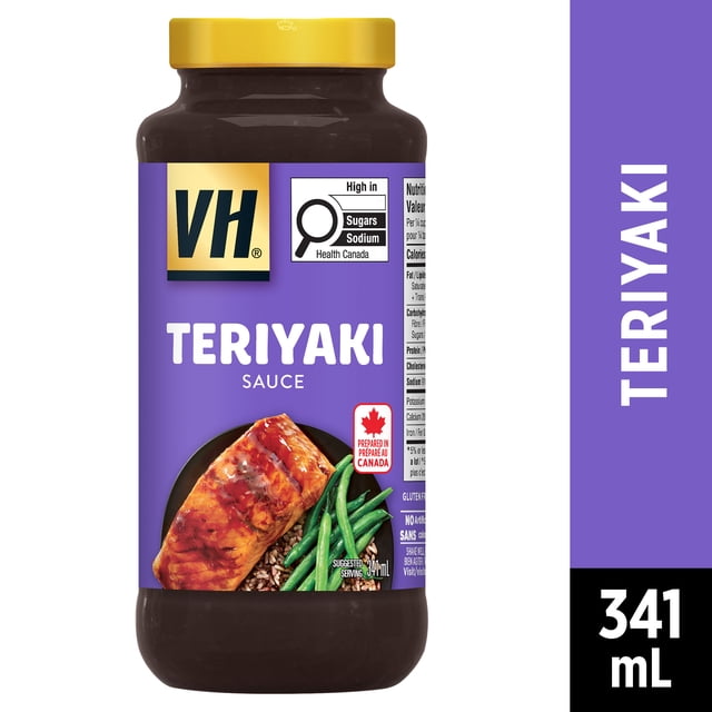 VH Gluten Free Teriyaki marinade Sauce 341 mL bottle with purple label featuring grilled salmon and green beans, gluten free and prepared in Canada, labeled high in sugars and sodium by Health Canada, suitable for marinating chicken, steak, seafood, or tofu.