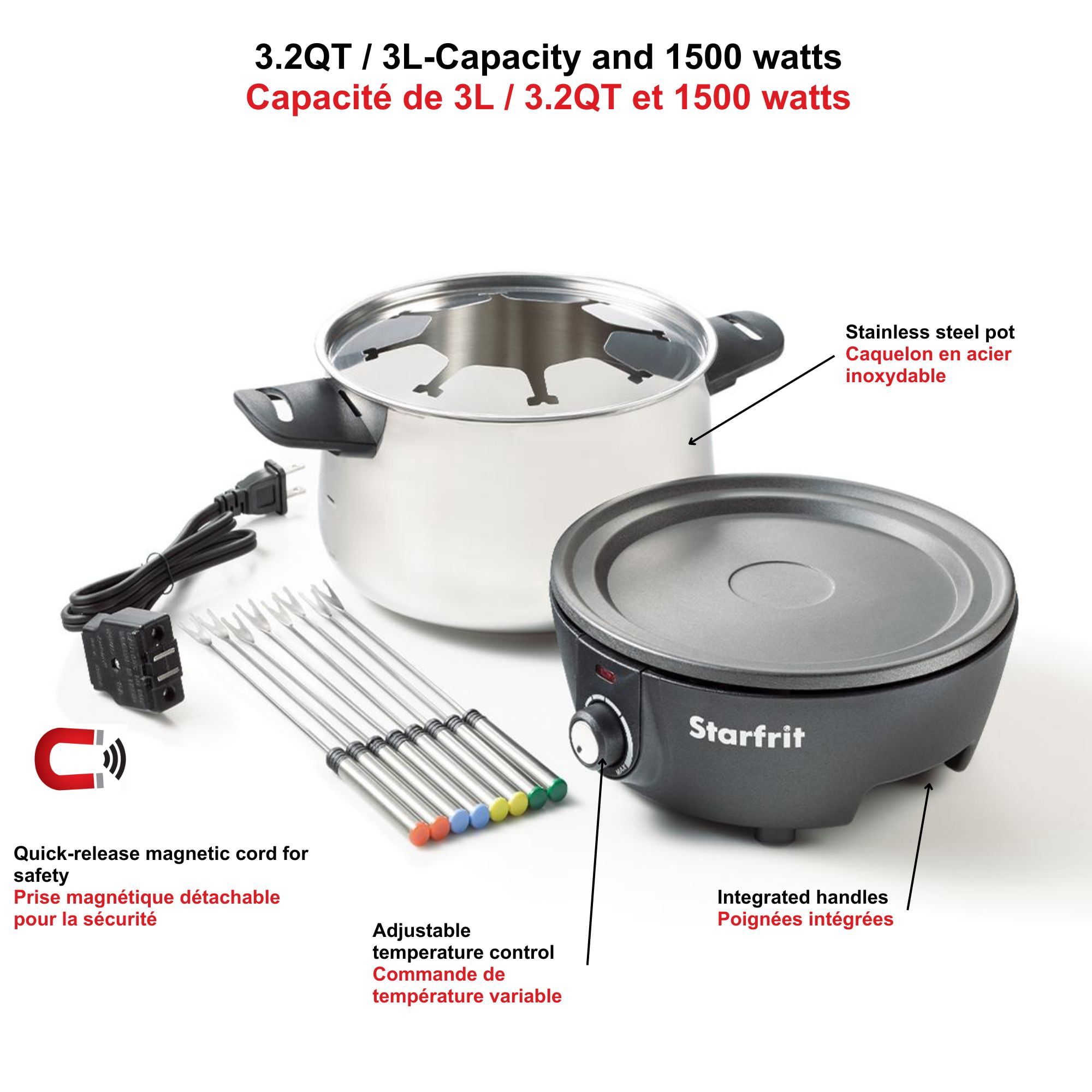 Starfrit Ensemble À Fondue Électrique 12 Pièces, Capacité 3L, Cordon Magnétique, Température Réglable, 1500W , Parfait pour Fromage & Chocolat