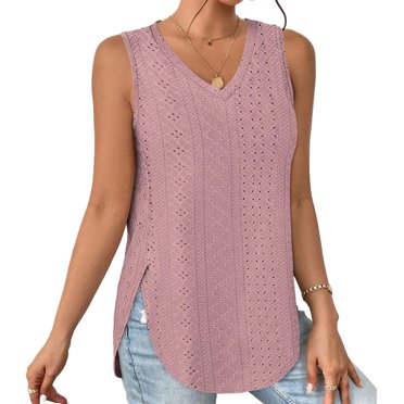 Meichang Womens Tank Tops V Neck Eyelet Embroidery Casual Sleeveless Shirts Side Slit Solid Tops Loose Fit Casual Summer Vest Tank Tops 2024 Fashion Pink M