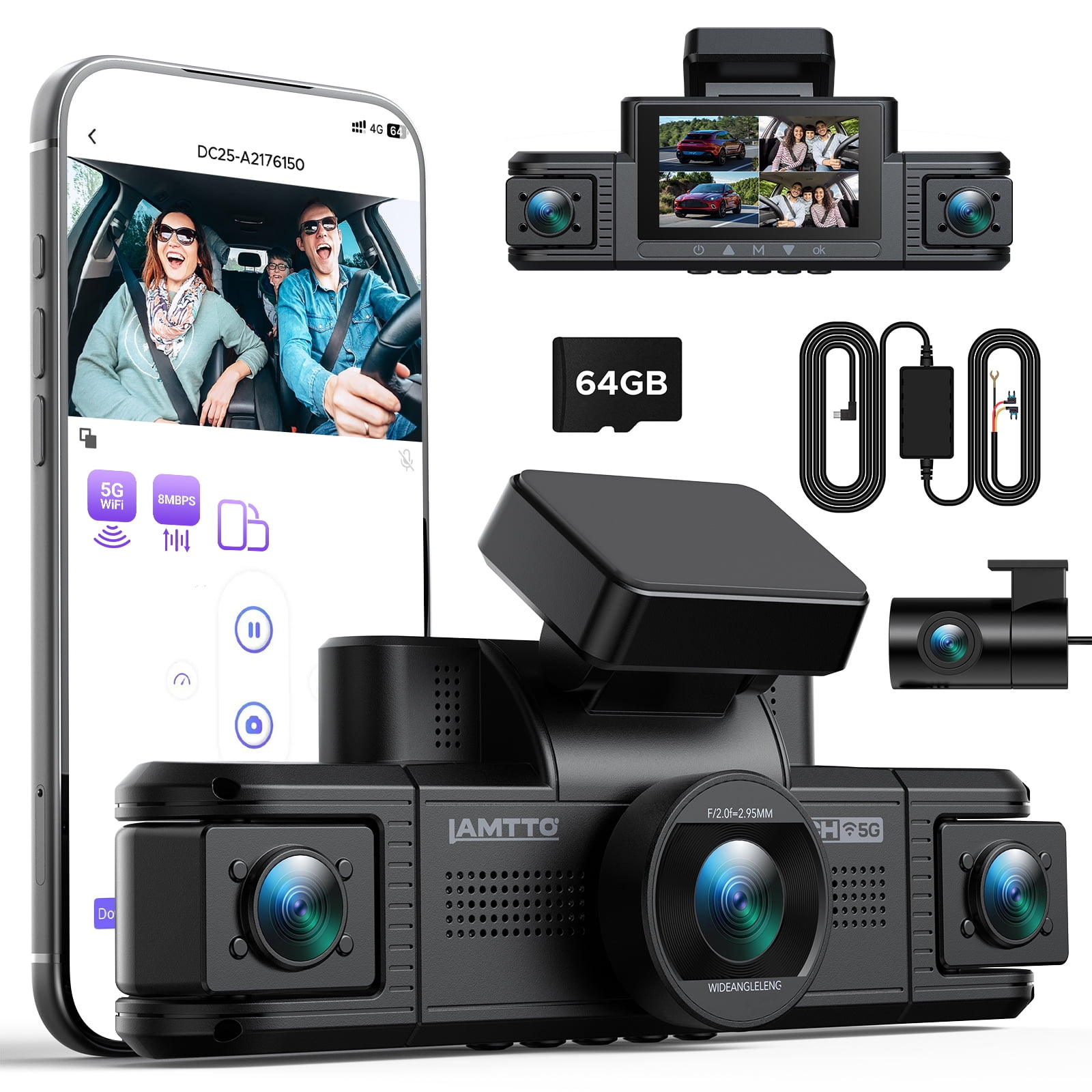 LAMTTO 4 Channel Dash Cam 360° Car Camera,  5G WiFi Dash Camera with APP Control IR Night Vision 24H Parking Monitor G-Sensor 64GB Card Hardwire Kit