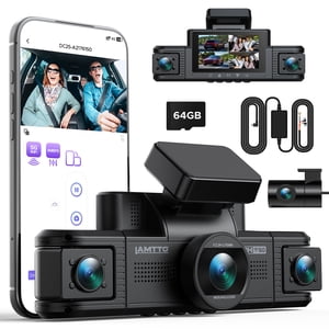 LAMTTO 4 Chaîne Dash Cam 360° Caméra de voiture 5G WiFi Caméra Dash avec APP Contrôle IR Vision nocturne 24H Moniteur de stationnement G-Sensor 64GB Kit de fil dur de la carte