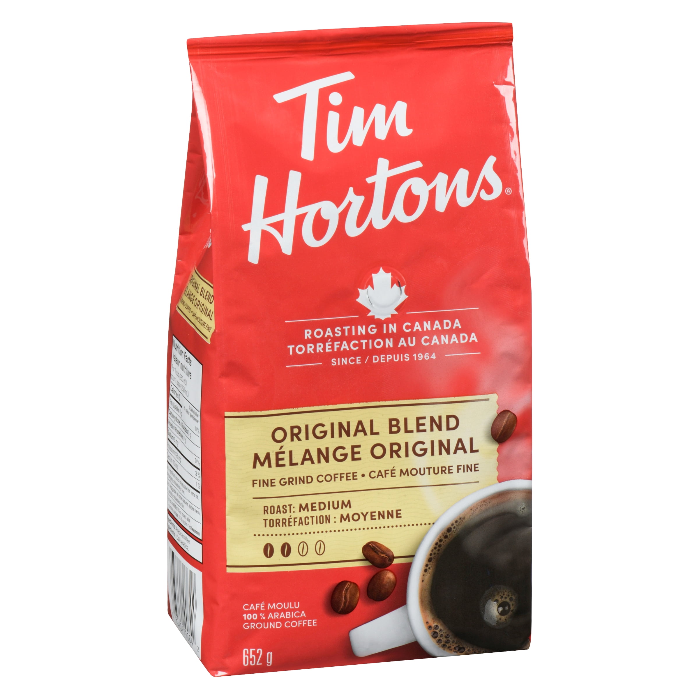 Sac de 652 g de café moulu de mélange original de Tim Hortons de torréfaction moyenne, offrant un goût velouté, riche et bien équilibré.