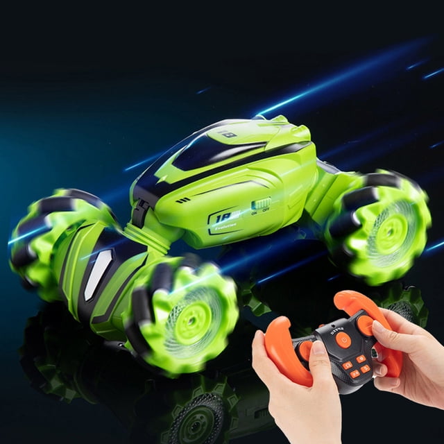 Great Sale! Cameland Children's Fun Toys Remote Control Car RC High-speed Car with a vibrant green body, black accents, and oversized roller traction tires. The car is shown in motion with LED light effects and a remote control held by hands, emphasizing its 2.4GHz two-way control mode, 360-degree rotation, drift racing, and music effects. Designed for kids aged 4 years and up, this four-wheel-drive car is perfect for off-road and on-road terrains and makes an excellent gift for kids.