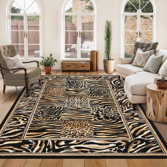 Washable Leopard Patchwork Rug – 8x10ft Soft Low Pile – Non-Slip Vintage Boho Mat – Living, Bedroom & Dining – Brown Tone – USA Spec