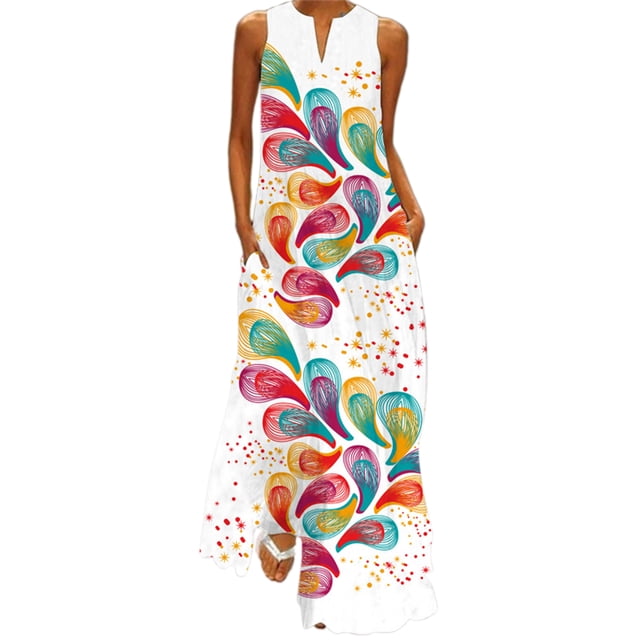 Bellella Robe Longue Maxi pour Femmes, Robe Débardeur à Col en V, Imprimé Floral, Robe d'Été de Plage, Ample, Sans Manches, Style de Fête, Y m