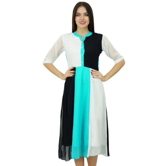 Bimba Womens Classique Mandarine Col Shift Tricolore Midi Été Chic Robes