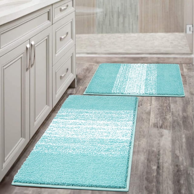 Bathroom Rug Set of 2, Anti-Slip Washable Plush Bathroom Floor Mat, Microfiber Absorbent Striped Bath Rug for Tub, Bathroom and Shower (18''x26''+20''x32'', Aqua Blue)
