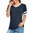 thumbnail image 1 of T-shirt à Col en V pour Femmes - T-Shirt Décontracté Ample à Manches Courtes, Style Baseball, à Blocs de Couleur, Rayé, Raglan, 1 of 6