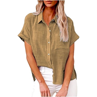 FAIWAD Womens Button Down Cotton Linen Shirts V Neck Roll Up Short Sleeve Blouses Loose Collared Casual Work Tops