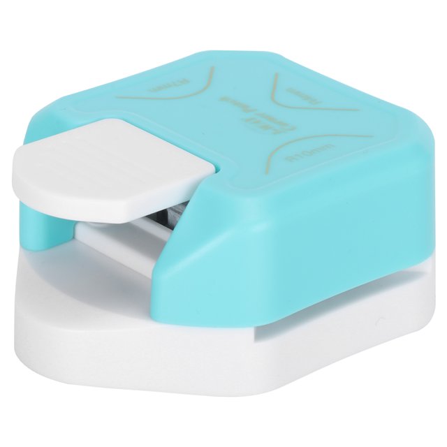 Fugacal 3-in-1 Portable Corner Rounder Paper Round Corner Edges Punch Scrapbooking Tool with a turquoise ABS plastic body and white lever handle. Designed for cutting rounded corners in three sizes (R4, R7, R10mm), it trims paper edges for business cards, greeting cards, and DIY scrapbooking projects.