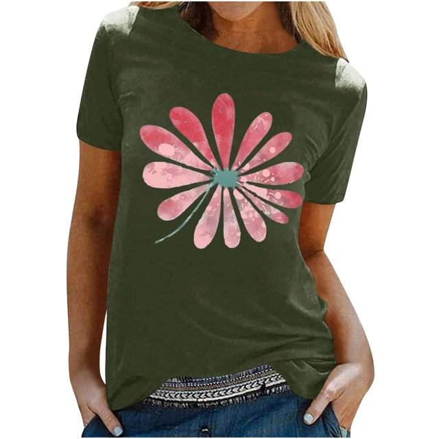 KIHOUT Nouveau Haut de Mode d'Été pour Femmes 2025, T-Shirt à Manches Courtes à Col Rond Décontracté à Imprimé Floral Vert Armée P
