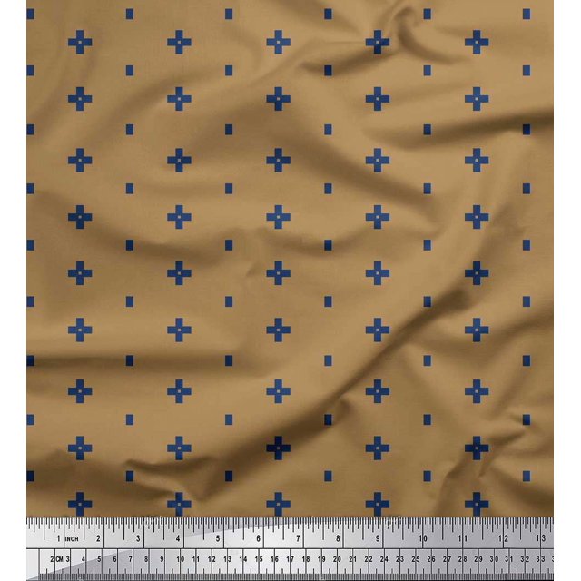 Soimoi Brown Rayon Fabric Geometric Plus Sign & Jamdani Print Fabric by Yard 42 Inch Wide
