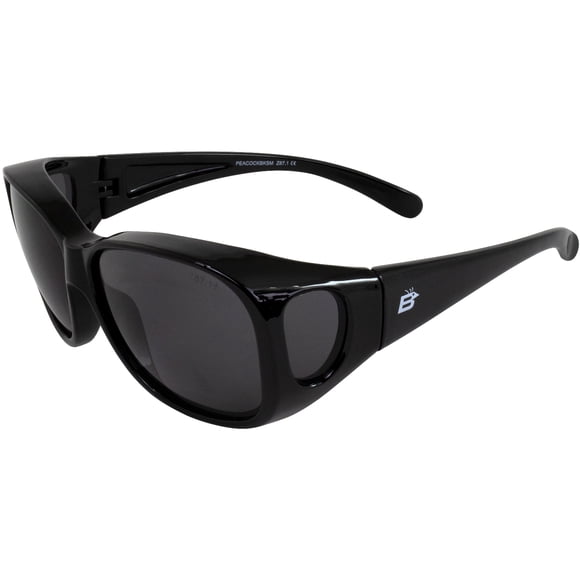Birdz Lunettes Peacock Grandes OTG (Over The Glasses) Monture Ajustée Lunettes de Soleil Montures Noires Verres Fumée
