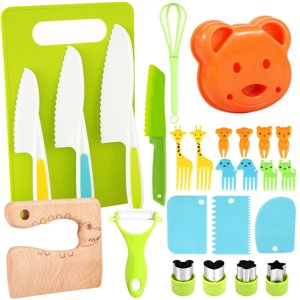 26PCS Ensemble de couteaux pour tout-petits - Couteaux enfants pour la vraie cuisine en bois Couteau de cuisine jeu de coupe Fruit Cutters de tourteaux de légumes en plastique Kid Couteux sûrs