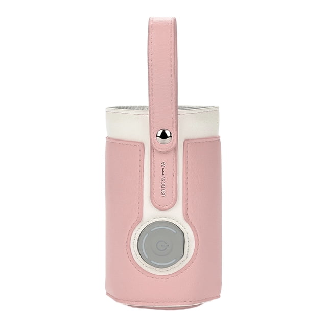 Chauffe-biberon Pliant Rose et Blanc au design compact, Doté d'Un Système de Chauffage Alimenté par USB pour Maintenir une Température Constante. le Chauffe-Biberon Est en Matériau PU avec un Système d'Isolation à Quatre Couches et Convient aux Biberons de 55 à 80 mm. Comprend une Sangle de Transport et un Bouton de Commande à l'Avant.