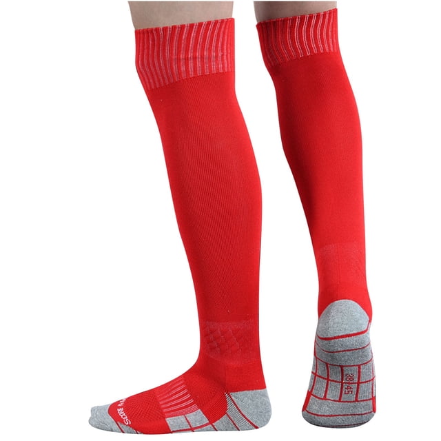 RXIRUCGD Children's Sports Socks in solid red color, designed as high tube knee-high football socks. The socks feature a ribbed elastic cuff for a secure fit and a reinforced grey sole with red accents for added durability. Suitable for children aged 4-8 years, size S, with a length of 68 cm (26.77 inches). Ideal for daily wear, casual outings, or sports activities. The image shows the socks being worn, highlighting their snug fit and vibrant color.