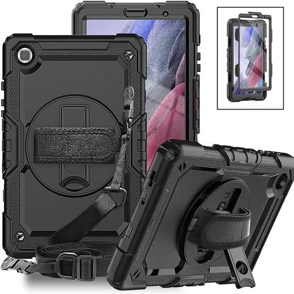 Kids Case For Samsung Galaxy Tab A9+Plus 11 SM-X210 X215 X216 2023 A9 8.7 X110 X115 Tablet Cover+Screen Protector+Shoulder Strap Black A8 10.5inch