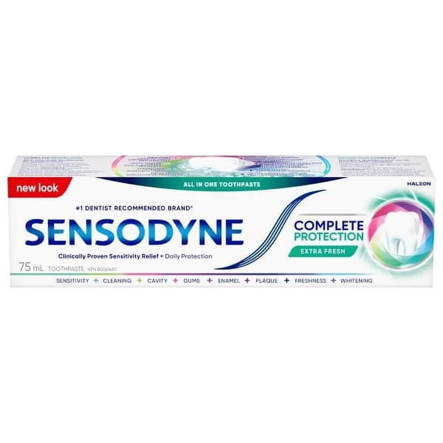Sensodyne Complete Protection Sensitivity Toothpaste 75 mL box with extra fresh flavor, providing clinically proven sensitivity relief, cavity protection, gum health maintenance, enamel strengthening, plaque prevention, and whitening benefits for daily oral care.