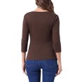 thumbnail image 3 of INSPIRE CHIC Women's Ruched Blouse Button Decor V Neck 3/4 Sleeve Solid Knit Top Coffee Brown M, 3 of 5