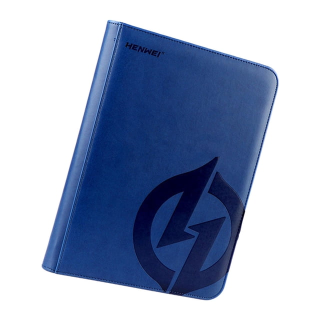 Xuanheng PU Leather Folder Album Binder Holder with Zipper, Blue, 1 Count. A front-facing view of a blue binder with a PU leather cover featuring a subtle graphic design and the brand name 'HENWEI' embossed on the top left corner. The binder includes a zipper closure for secure storage and measures 13.9 x 13.2 x 1.6 inches, designed to hold up to 480 collectible cards in double-sided, side-loading waterproof pockets, ideal for trading card storage.
