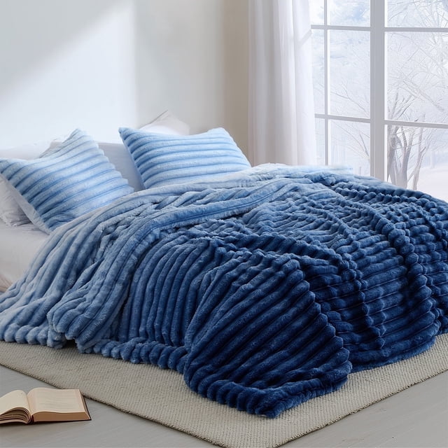 Regency Heights Full/Queen Size Comforter Set, a 3-piece kids' bedding set with a fluffy ribbed plush texture in a blue ombre design. Includes a 90-inch by 90-inch comforter and two 20-inch by 26-inch shams with overlapping enclosures. Crafted with premium 300 gsm fabric for added weight, softness, and warmth, the comforter features a chunky cord-textured face and ultra-soft mink reverse. Oeko-Tex certified for safety and skin gentleness, this set is machine washable and designed for easy maintenance.