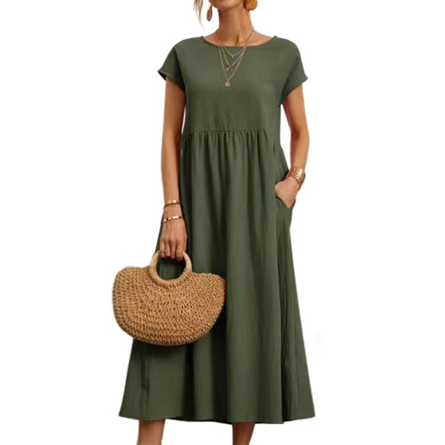 Innerwin Dresses Crew Neck Ladies Dress Beach Solid Color Loose Sundress Dark Green 2XL