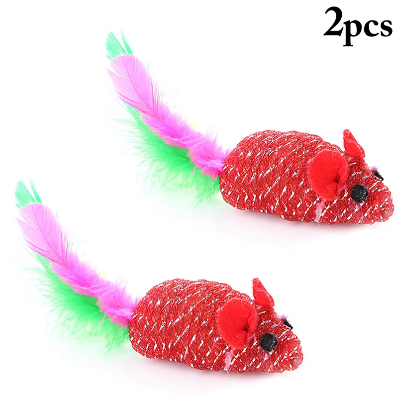 2PCS Christmas Mouse Cat Toy Lifelike Fake Feather Cat Toy Pet Cat Mouse Toy