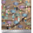 thumbnail image 1 of Soimoi Brown Silk Fabric Monsoon Theme Human Figure Printed Fabric 1 Yard 42 Inch Wide, 1 of 5
