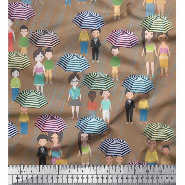 Soimoi Brown Silk Fabric Monsoon Theme Human Figure Printed Fabric 1 Yard 42 Inch Wide