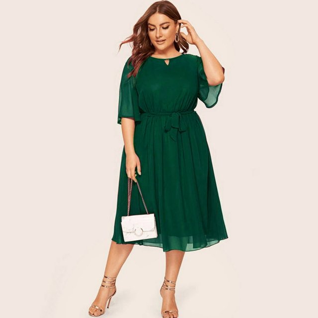 Robe Décontractée Grande Taille pour Femmes Col Rond Manches Mi-Longues Longueur Genou Robe de Soirée