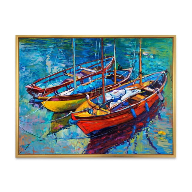 Designart Trois Bateaux dans le Port Cadre Flottant Mural ART Mettant en Vedette Trois Bateaux Rouges, Jaunes et Bleus Amarrés sur des Eaux Bleu-Vert, Imprimés sur Toile de Coton de Qualité Supérieure avec un Cadre Flottant en Bois de 1 Po, Idéal pour la Déco Murale Nautique et Côtière.