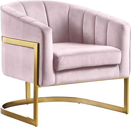 Meridian Furniture Carter Collection Fauteuil d'Appoint Moderne / Contemporain Rembourré en Velours à Dossier Tonneau avec Base en Acier Inoxydable Doré, Rose, 29 Pouces L x 27.5 Pouces P x 31 Pouces H