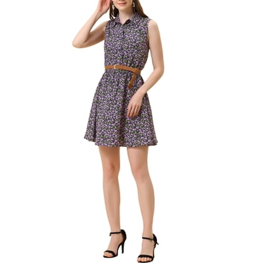 INSPIRE CHIC Robe Sans Manches à Imprimé Floral pour Femme, Demi-Patte de Boutonnage, Longueur Genou, Ceinturée, Printemps, TP, Floral Violet