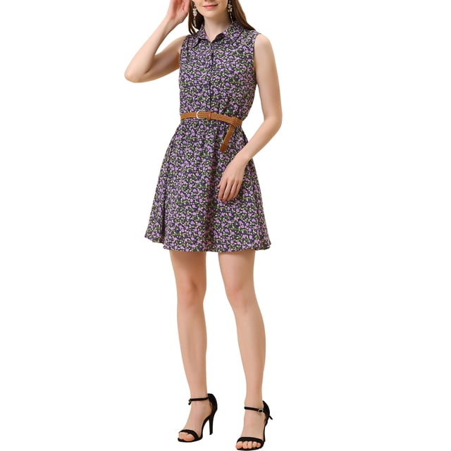 INSPIRE CHIC Robe Sans Manches à Imprimé Floral pour Femme, Demi-Patte de Boutonnage, Longueur Genou, Ceinturée, Printemps, S, Floral Violet