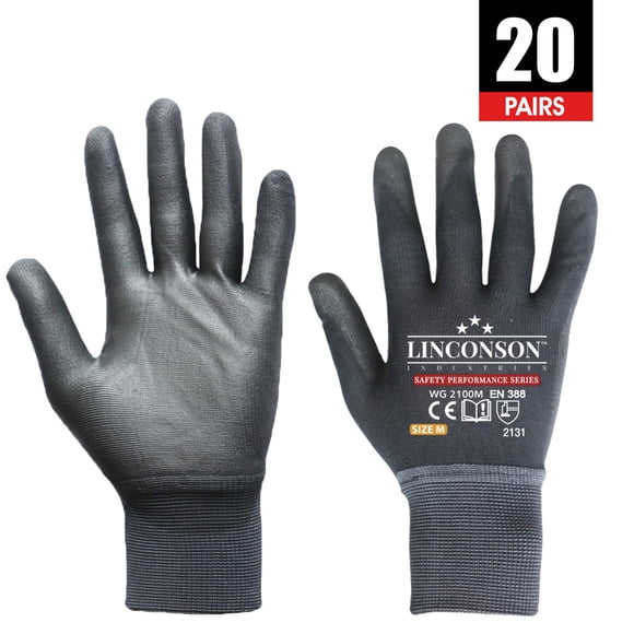 LINCONSON 20 Pack Ultimate Grip Construction Mechanic Work Gloves PU Coated (Large, Black)