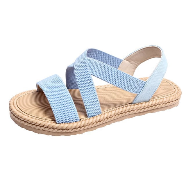 Womens Flat Sandals Slip on Cross Straps Elastic Open Toe Thick Sole Summer Beach Sandals Light Blue
