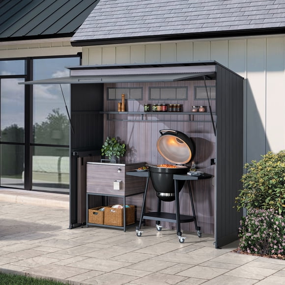 Sunjoy 7 x 3 Ft. Outdoor Kitchen Island Grill Station with Overhead Lift-Up Door and Folding Sliding Doors for Compact Space