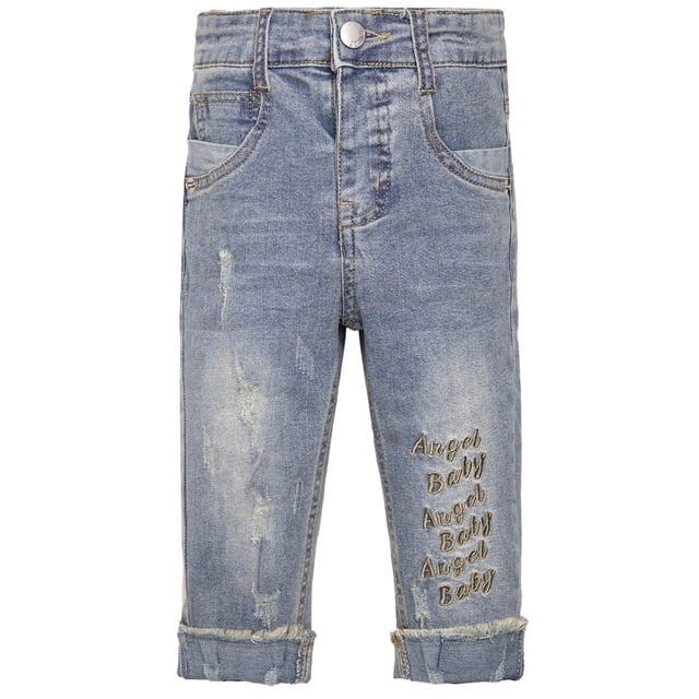 KIDSCOOL SPACE Baby Girl Boy Elastic Band Inside Ripped Denim Pants,7-8 Years