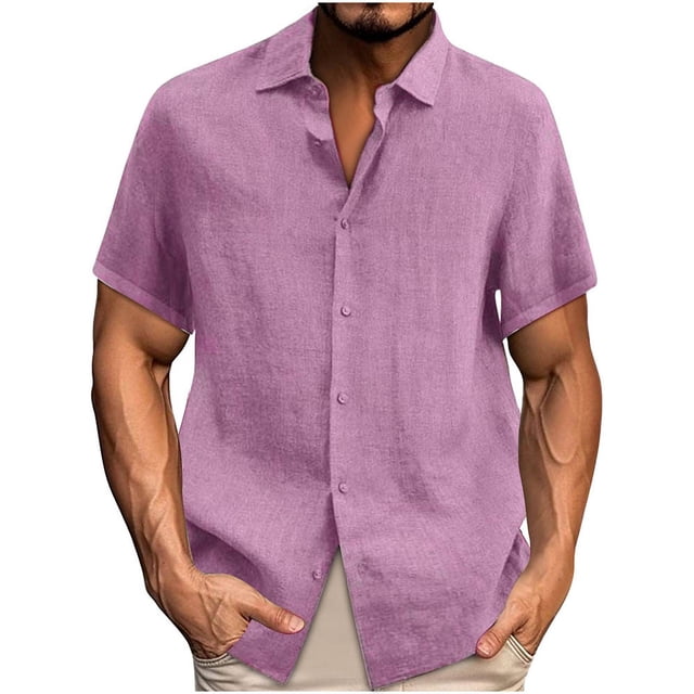 cfhntfmh Mens Button down Shirts Solid Summer Beach Vacation Tops Cotton Linen Short Sleeve Shirts
