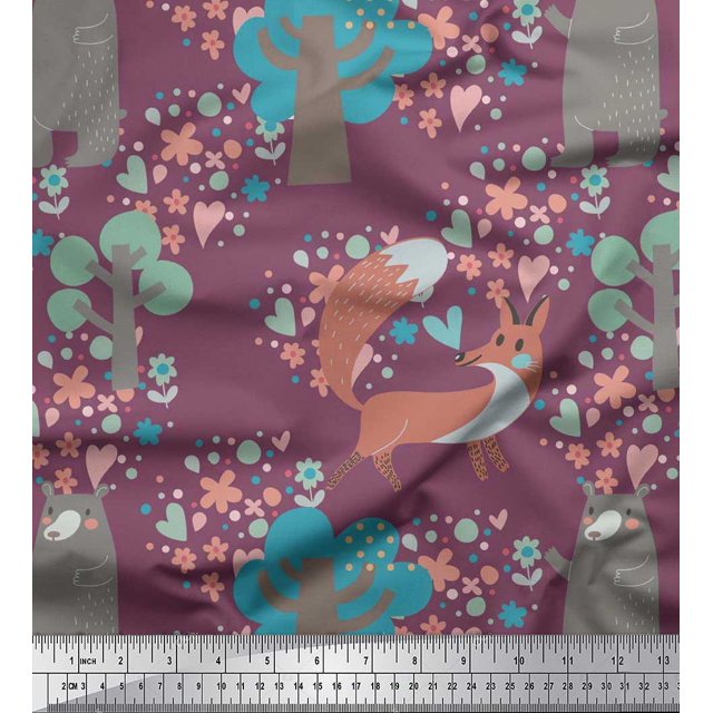 Soimoi Velvet Fabric Tree,Fox & Bear Kids Printed Craft Fabric by The Yard 58 Inch Wide