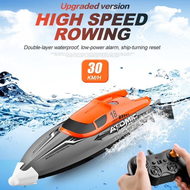 RC Boat Remote Control Boat 30KM/H High Speed IPV7 Waterproof 2.4GHz 4 Channel Racing Boat for Kids Adults. The image shows a sleek orange and grey RC boat racing through water, featuring a double-layer waterproof body and capsize recovery mode. A 2.4GHz wireless controller with dual joysticks is visible, offering precise control. The boat is designed for high-speed performance, reaching up to 30KM/H, and is ideal for use in lakes and pools.